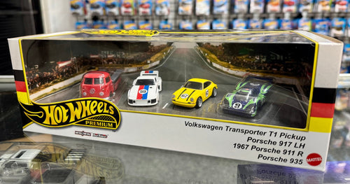 Hot Wheels Premium Hot Wheels Premium Volkswagen Transporter T1 Pick Up, Porsche 917 LH, '67 Porsche 911 R, Porsche 935 box car set - American Stanced