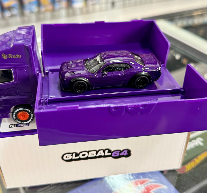 Load image into Gallery viewer, Tarmac Works 1:64 Japan Exclusive LBWK Dodge Challenger Purple Plum Crazy with Truck Packaging - American Stanced
