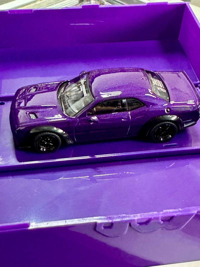 Load image into Gallery viewer, Tarmac Works 1:64 Japan Exclusive LBWK Dodge Challenger Purple Plum Crazy with Truck Packaging - American Stanced
