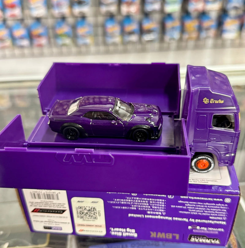 Load image into Gallery viewer, Tarmac Works 1:64 Japan Exclusive LBWK Dodge Challenger Purple Plum Crazy with Truck Packaging - American Stanced
