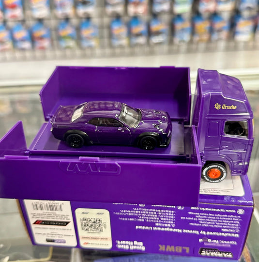 Tarmac Works 1:64 Japan Exclusive LBWK Dodge Challenger Purple Plum Crazy with Truck Packaging - American Stanced