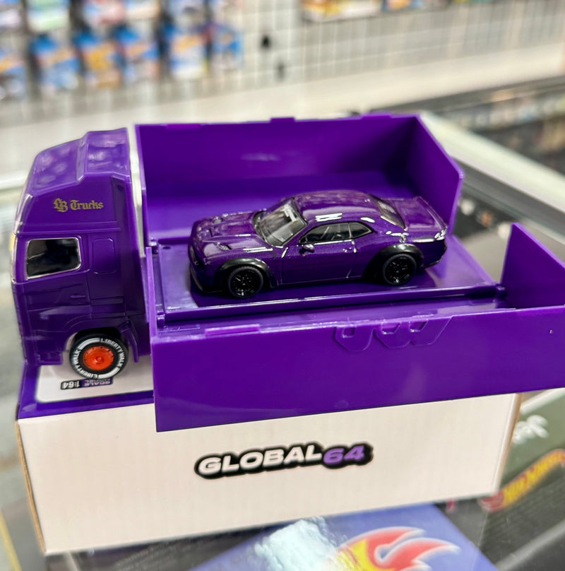 Load image into Gallery viewer, Tarmac Works 1:64 Japan Exclusive LBWK Dodge Challenger Purple Plum Crazy with Truck Packaging - American Stanced
